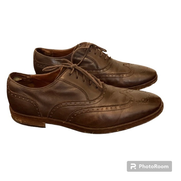 COLE HAAN MENS LEATHER SHOES BROWN LACE UP WING TIP STITCHING - Picture 2 of 7